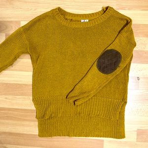 Mustard knit sweater with brown elbow patches